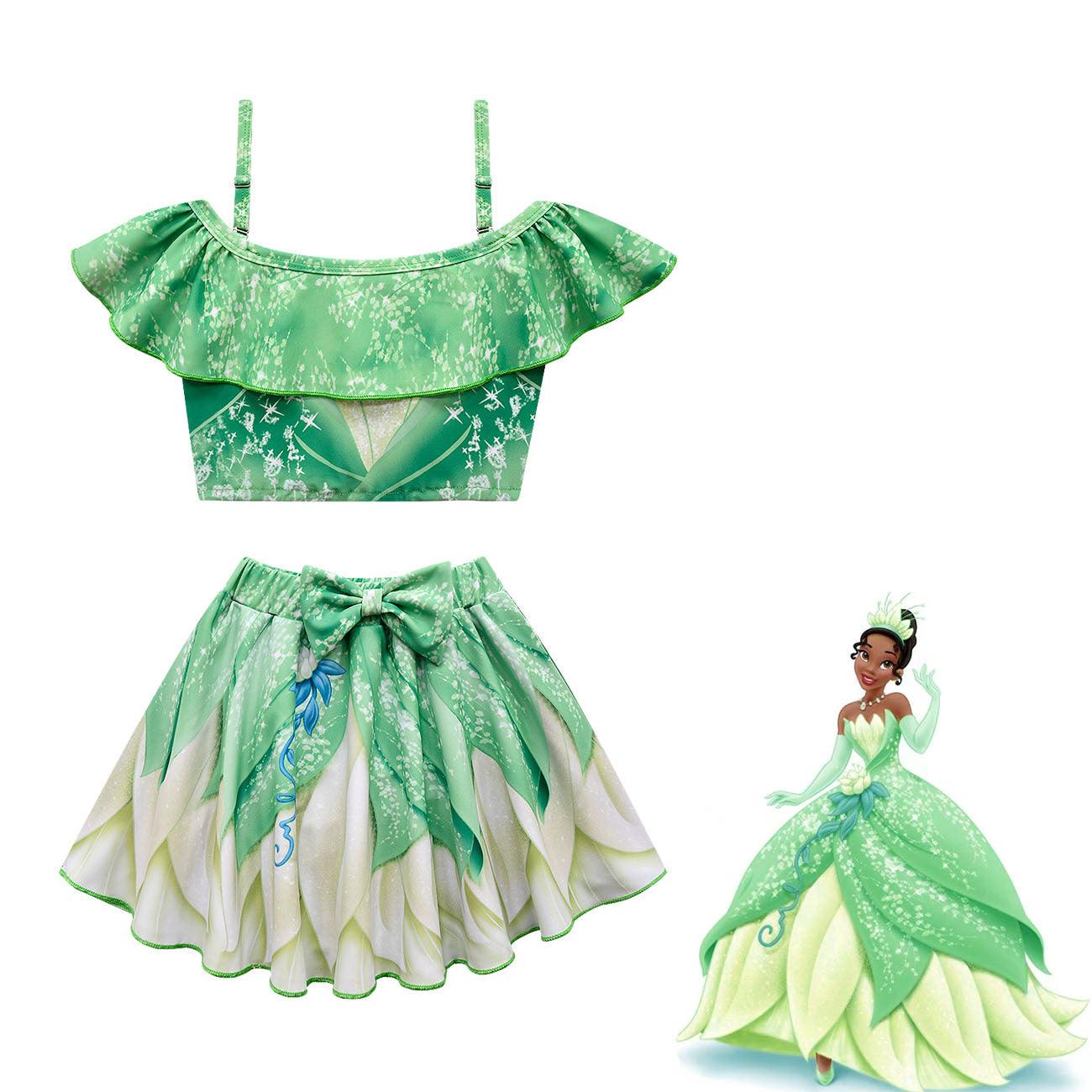 Kids Girls Tiana Swimsuit Cosplay Costume Two-Piece Swimwear Outfits