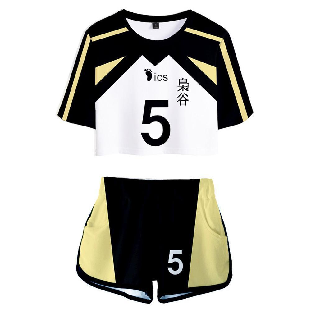 Women Haikyuu!! Akaashi Keiji Cosplay Crop Top & Shorts Set Summer 2 Pieces Casual Clothes - CrazeCosplay