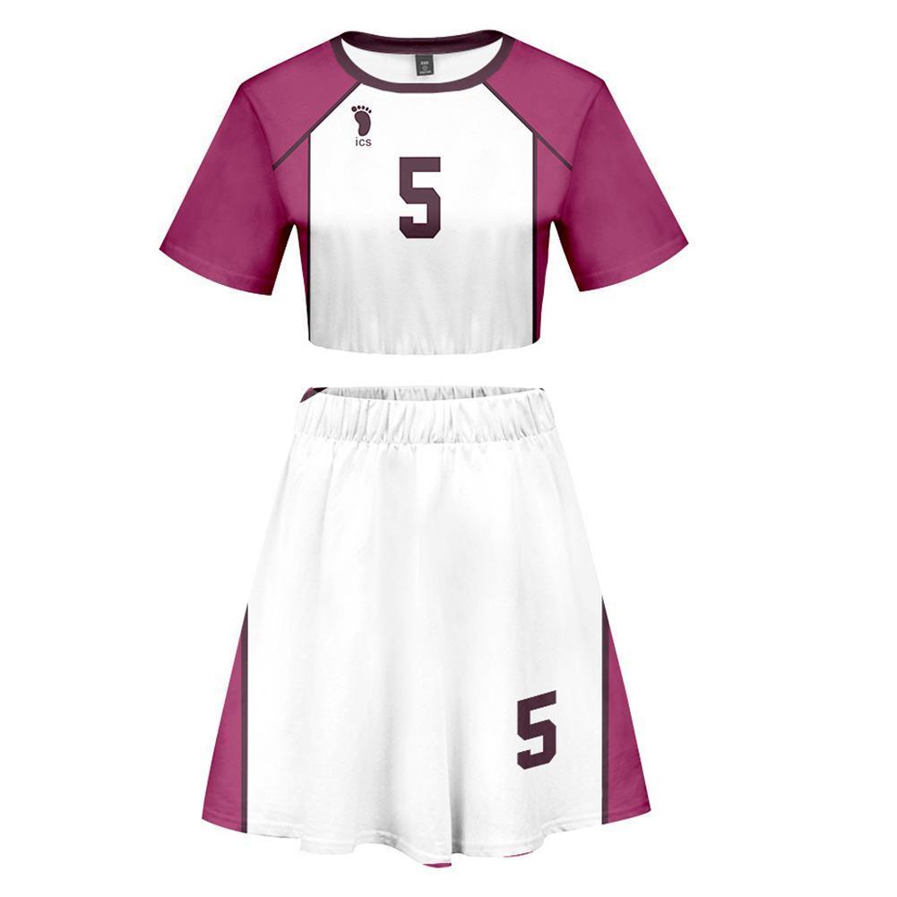 Women Haikyuu!! Tendo Satori 2 Pieces Cosplay Outfits Short Sleeves Crop Top + A Line Skirt Sets - CrazeCosplay