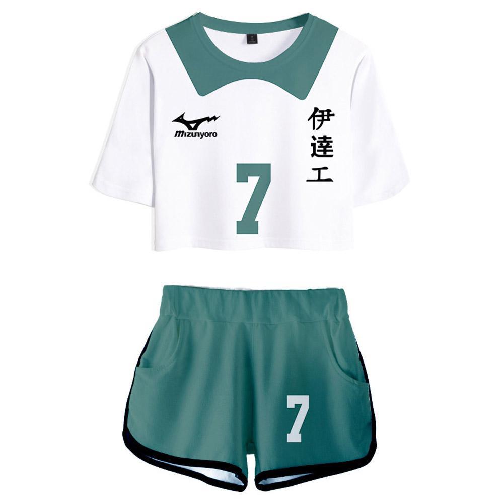 Women Haikyuu!! Aone Takanobu Cosplay Crop Top & Shorts Set Summer 2 Pieces Casual Clothes - CrazeCosplay